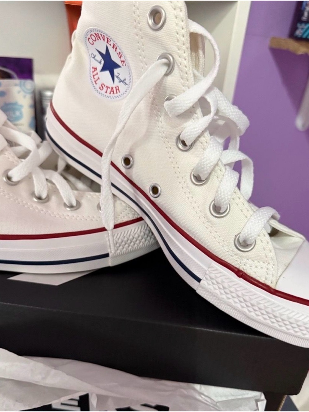 Converse White High Top Sneakers with Red & Navy Accents